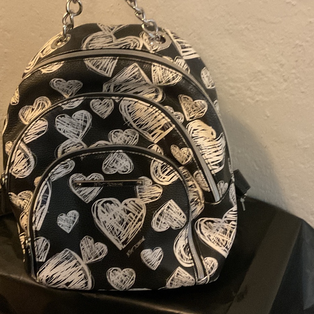 Betsey Johnson Black Mini Backpack with White Heart Print. NWOT